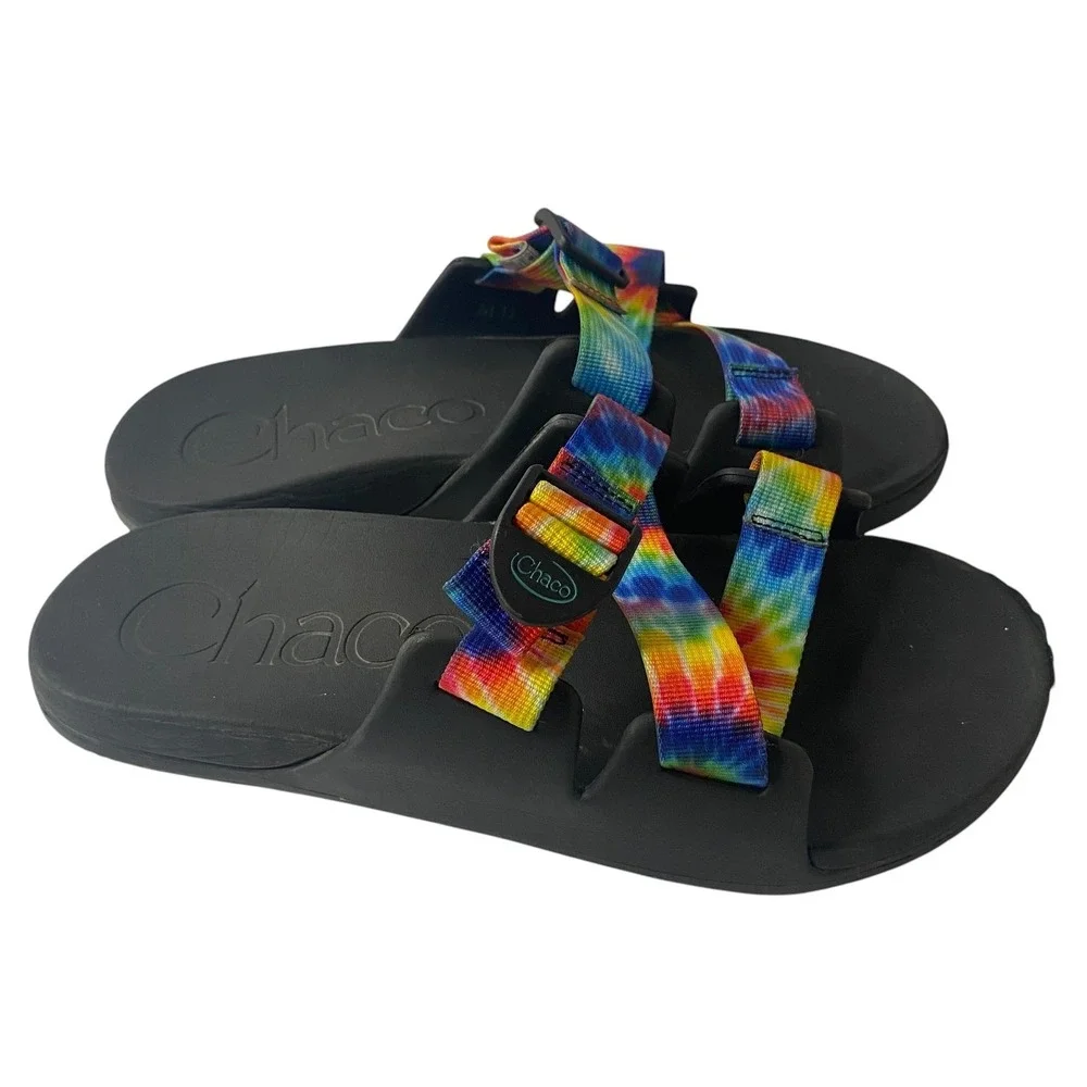 Chaco Chillos Slide Sandals Men 11 Black Rainbow Tie‎ Dye Adjustable Straps EVA